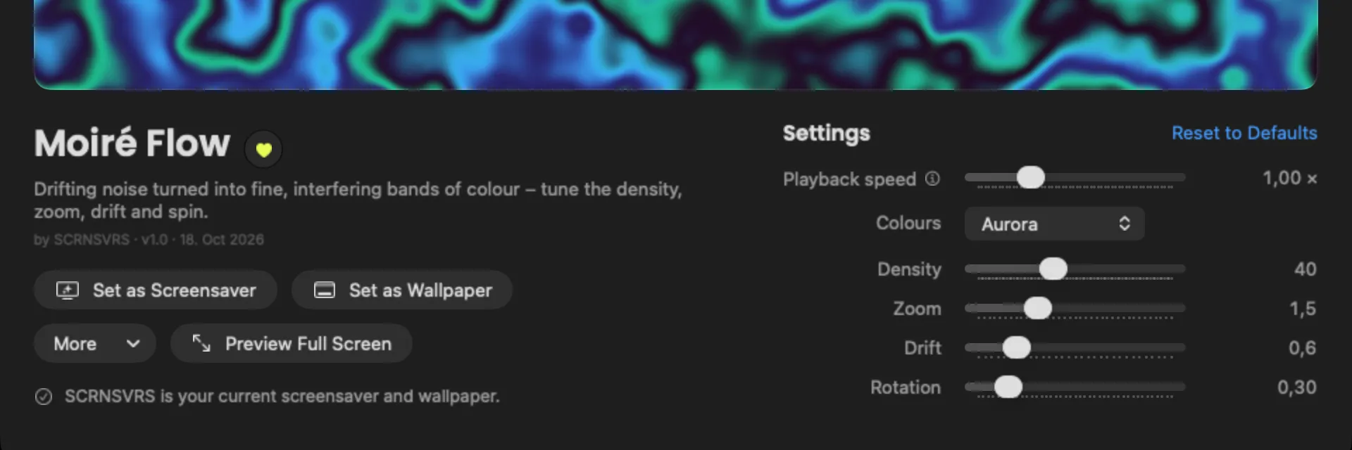 Settings of the Moiré Flow scene in the app