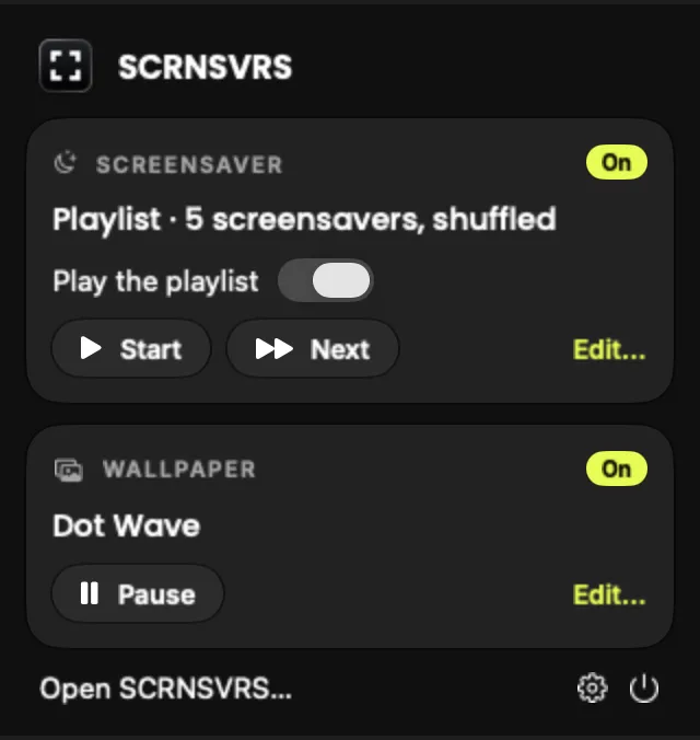 The SCRNSVRS menu bar panel